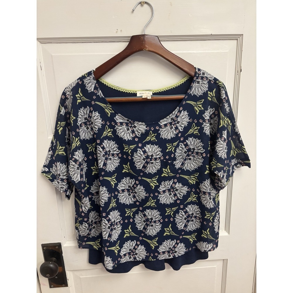 Meadow Rue Anthropologie Top Zane Layered Blouse Lined Navy Floral Pocket Medium